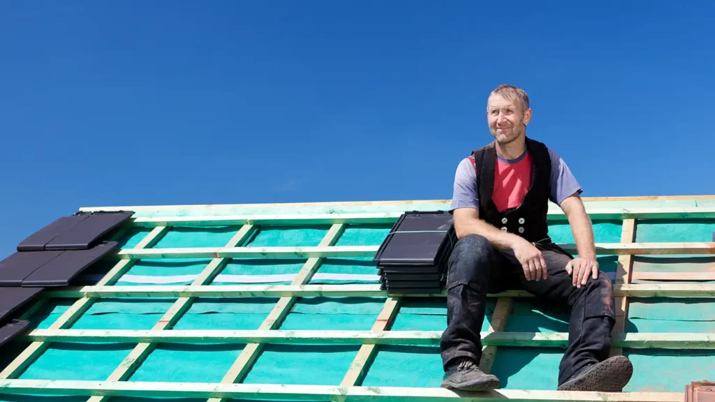 Ein zufrieden lächelnder Handwerker in Arbeitskleidung sitzt auf der Holzkonstruktion eines unfertigen Daches unter strahlend blauem Himmel.